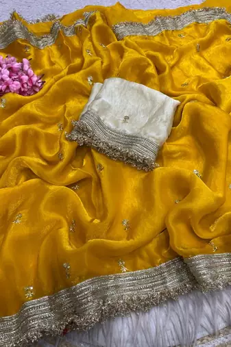 Yellow Color Sequence  butti  Work Satin Saree