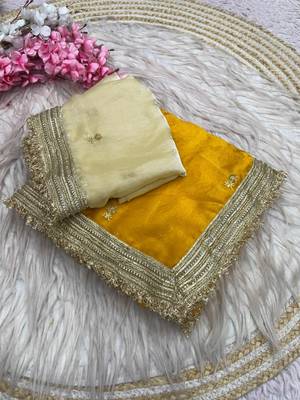 Yellow Color Sequence  butti  Work Satin Saree 5
