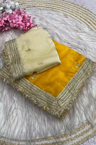 Yellow Color Sequence  butti  Work Satin Saree