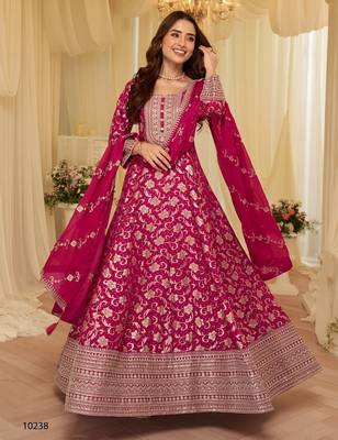Rani pink heavy jacquard wedding gowns full stitched upto 42 1