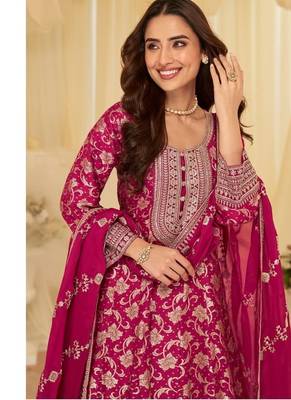 Rani pink heavy jacquard wedding gowns full stitched upto 42 2
