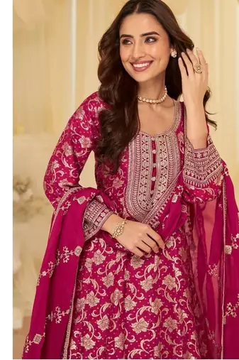 Rani pink heavy jacquard wedding gowns full stitched upto 42