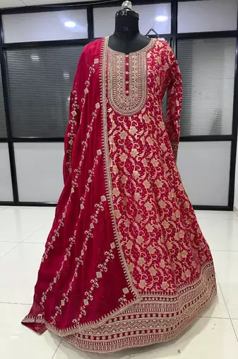 Rani pink heavy jacquard wedding gowns full stitched upto 42