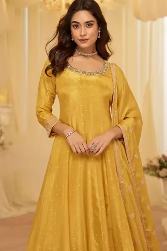 Yellow heavy jacquard wedding gowns full stitched upto 42