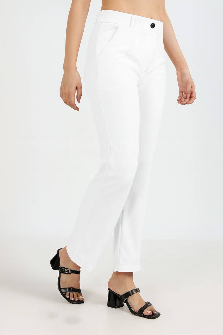 Women solid white regular fit mid-rise flat front trousers