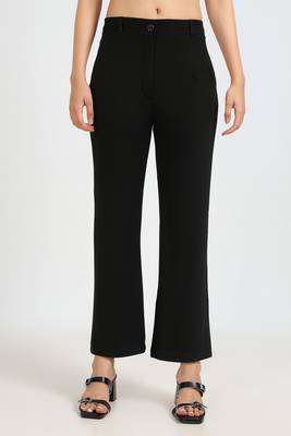 women solid black regular fit mid-rise flat front trousers 1