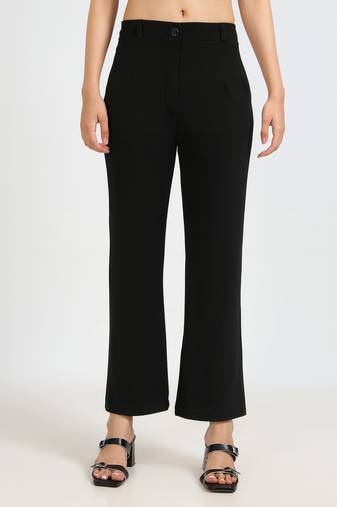 women solid black regular fit mid-rise flat front trousers