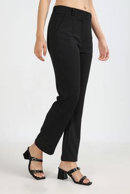 women solid black regular fit mid-rise flat front trousers 3