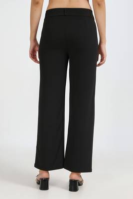women solid black regular fit mid-rise flat front trousers 4