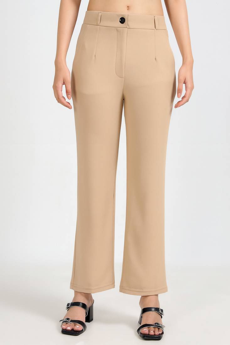 Women solid beige regular fit mid-rise flat front trousers