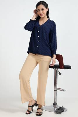 women solid beige regular fit mid-rise flat front trousers 2