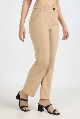 women solid beige regular fit mid-rise flat front trousers 3