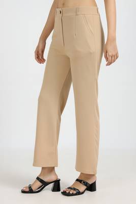 women solid beige regular fit mid-rise flat front trousers 4