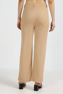 women solid beige regular fit mid-rise flat front trousers 5