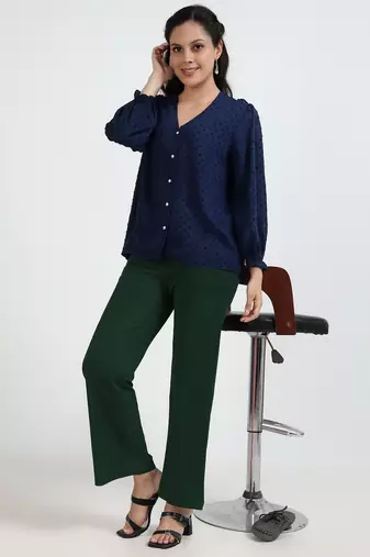 women solid emerald green regular fit mid-rise flat front trousers