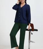Women solid green regular fit mid-rise flat front trousers