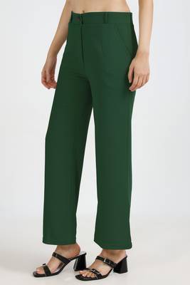 women solid emerald green regular fit mid-rise flat front trousers 2
