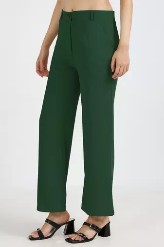 women solid emerald green regular fit mid-rise flat front trousers