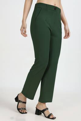 women solid emerald green regular fit mid-rise flat front trousers 3