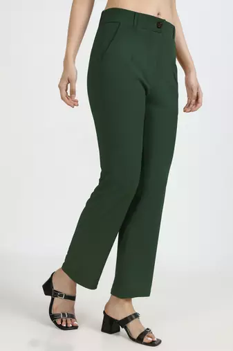 women solid emerald green regular fit mid-rise flat front trousers