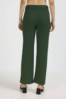 women solid emerald green regular fit mid-rise flat front trousers 4
