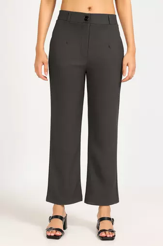 charcoal grey regular fit mid-rise flat front trouser for women