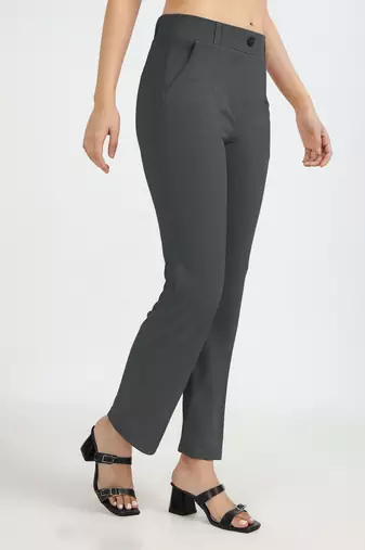 charcoal grey regular fit mid-rise flat front trouser for women