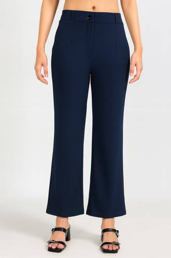 Women solid navy blue regular fit mid-rise flat front trousers