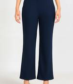 Women solid navy blue regular fit mid-rise flat front trousers