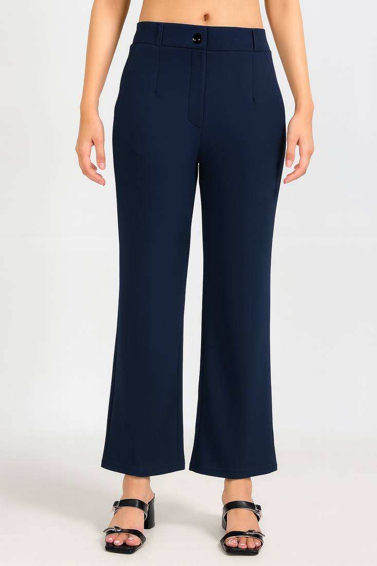 Women solid navy blue regular fit mid-rise flat front trousers
