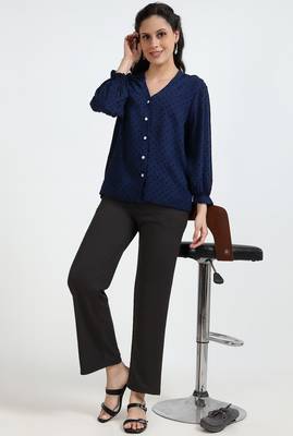 women solid navy blue regular fit mid-rise flat front trousers 2