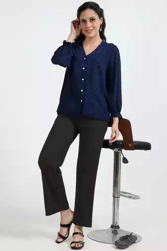 women solid navy blue regular fit mid-rise flat front trousers