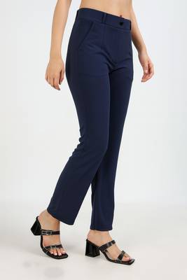 women solid navy blue regular fit mid-rise flat front trousers 3