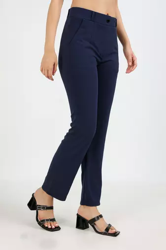women solid navy blue regular fit mid-rise flat front trousers