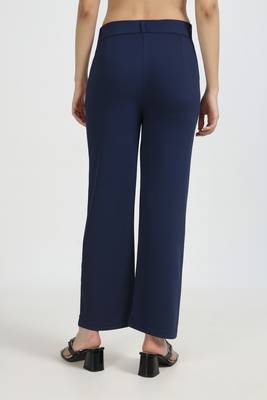 women solid navy blue regular fit mid-rise flat front trousers 4