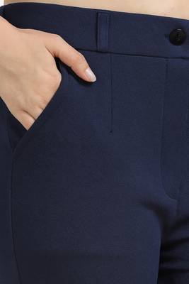 women solid navy blue regular fit mid-rise flat front trousers 5