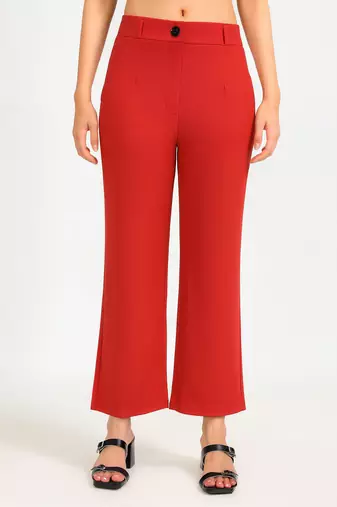 Women solid navy blue regular fit mid-rise flat front trousers