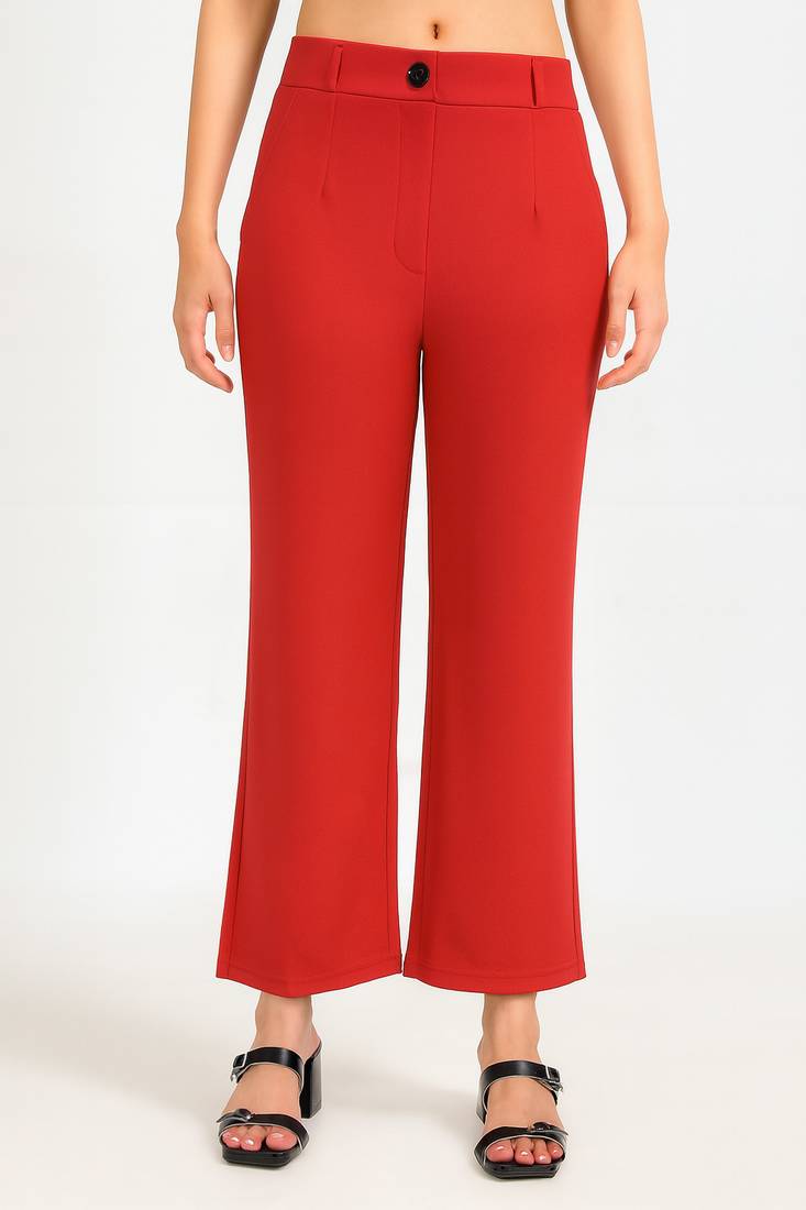 Women solid navy blue regular fit mid-rise flat front trousers