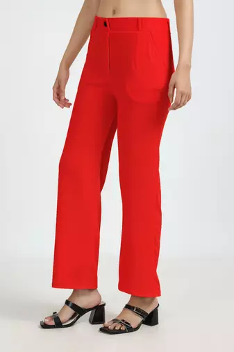 red regular fit mid-rise flat front trouser for women