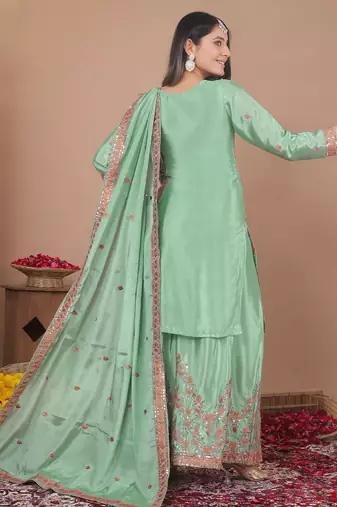 pista green embroidered silk sharara suit set