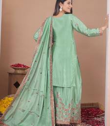 Green pista silk  party wear embroidery sharara  suit set