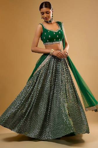 Emerald Green 3mm & 5mm Sequins with Zari Embroidered indian Wedding Designer Lehenga Choli 