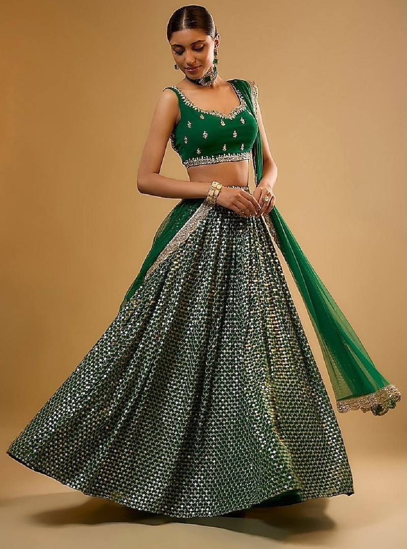 Emerald Green 3mm & 5mm Sequins with Zari Embroidered indian Wedding Designer Lehenga Choli 