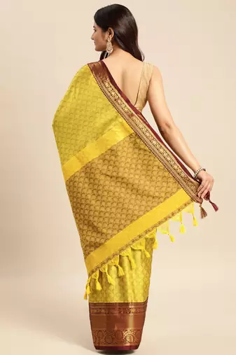 light lemon cotton silk banarasi saree with maroon border