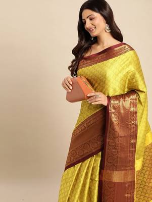 light lemon cotton silk banarasi saree with maroon border 3