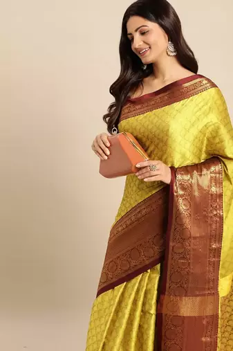 light lemon cotton silk banarasi saree with maroon border