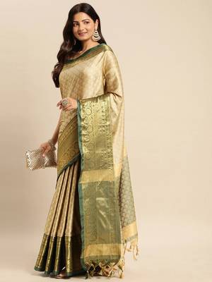 beige cotton silk banarasi saree with green zari border 1