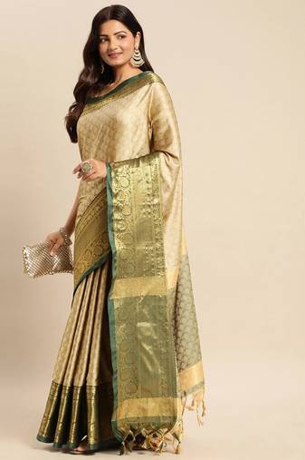 Beige cotton silk saree with unstitched blouse piece