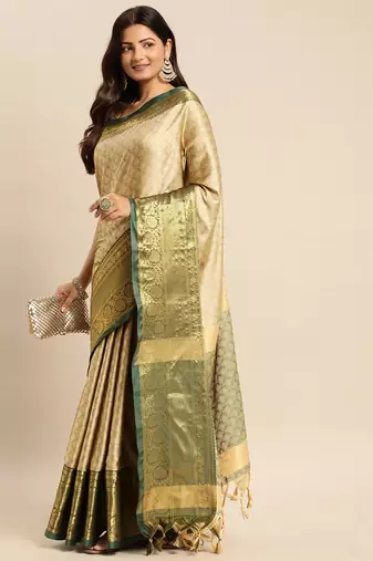 Beige cotton silk saree with unstitched blouse piece