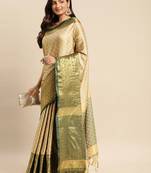 Beige cotton silk saree with unstitched blouse piece